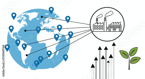 Global Supply Chain Manufacturing with Worldwide Network, Illustrating International Trade Impact and Environmental Sustainability, Featuring Growing Green Solutions for Business Presentation on Corpo