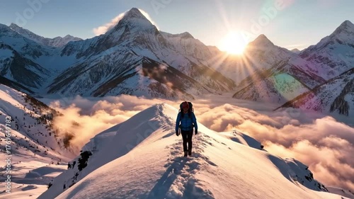 A traveler walking through snowy mountain trail, misty sky, warm sunrise light hitting peaks, cinematic drone shot