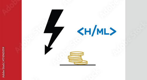 Machine Learning Powering Financial Success: Lightning Bolt Symbolizing Fast Computations, HTML for Code, and a Stack of Coins Representing Profit Growth in Modern Technology Industry, A Powerful Visu