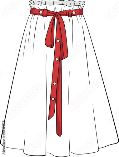 Long flared skirt, fashion CAD drawing, flat vector illustration, technical garment sketch, high waist design, sewing pattern template, clothing fashion mockup