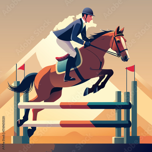 A horse and rider jumping over hurdles at an equestrian event