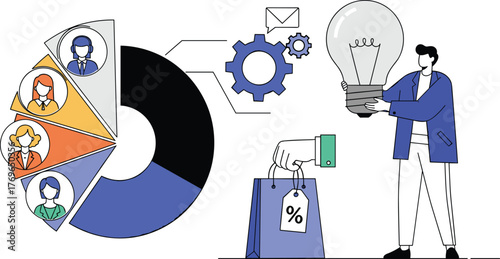 Business Professional Presenting Market Segmentation Strategy and Innovative Idea with Lightbulb, Analyzing Customer Demographics in Presentation for Marketing, Sales, Analytics, Shopping, Modern Busi