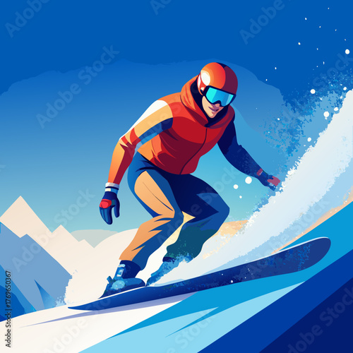 A snowboarder carving snow on a mountain slope in winter