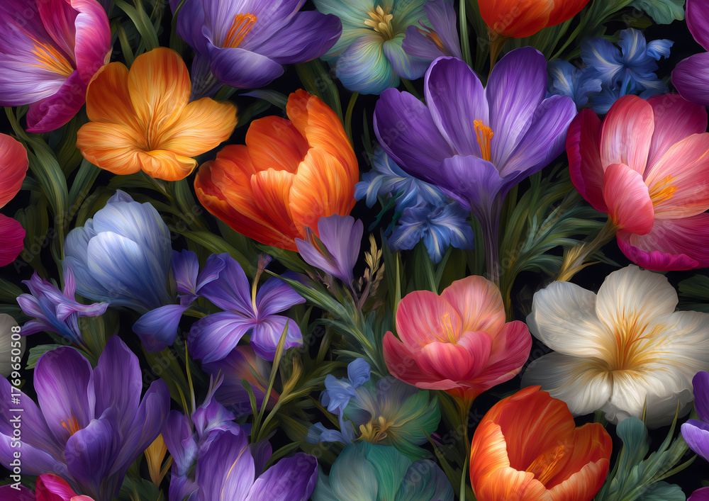 Naklejka premium Vibrant seamless pattern of multicolor crocus and tulip flowers with green foliage in red orange purple and blue hues for botanical textile design