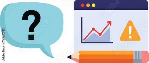 Analyzing Business Growth Concerns with Visual Data: A Question Mark Hovering Over a Report Displaying an Upward Trend and an Alert, Ready to be Modified with a Pencil – Representing Problem Solving,
