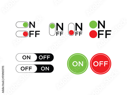 Modern on off toggle switches and circular buttons for digital interfaces and apps