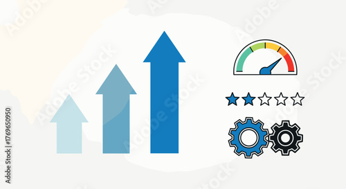 Performance Improvement Analytics for Business Growth:  Rising Arrows & Speedometer Illustrate Goal Achievement & Quality Control, Measuring Success in a Competitive Technological Industry, Using 3D G