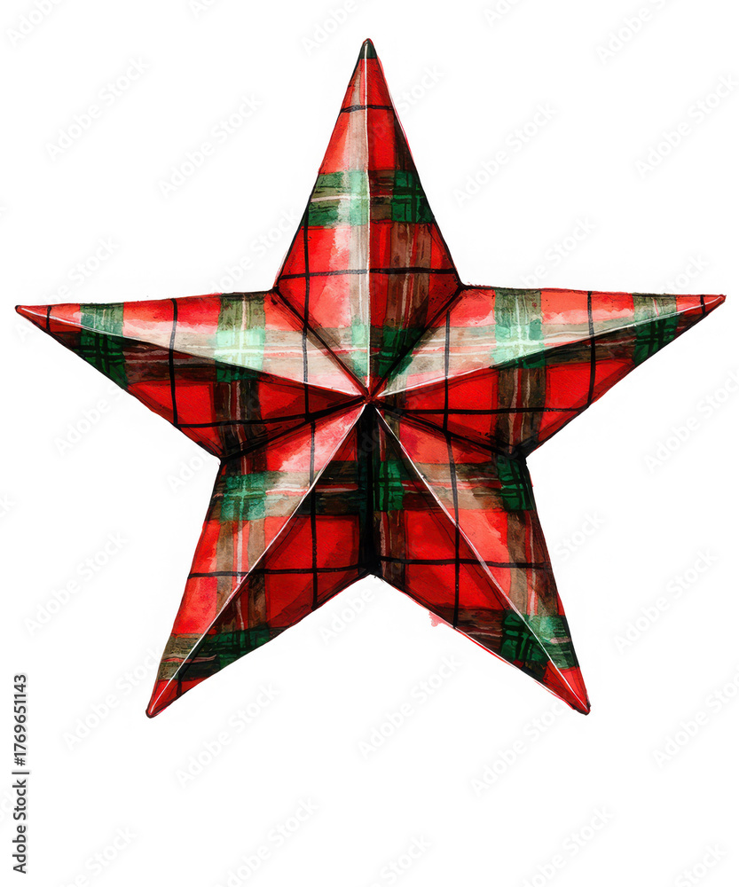 Obraz premium A festive fivepointed star with a red and green plaid pattern, isolated on a transparent background