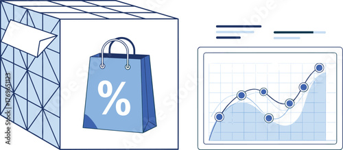 E-commerce Growth Strategy Analysis: A modern and minimalist illustration of a shipping box with a percentage off shopping bag symbolizing discounts and sales growth, alongside a data analysis chart s