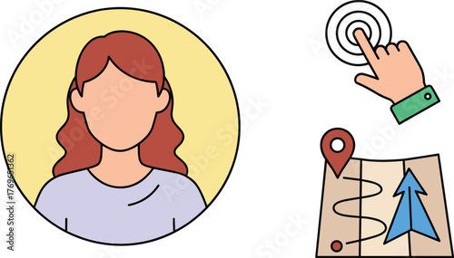 Digital Navigation Assistant Guiding the User: Modern Avatar in Circle, Touch Interface on Map Highlighting Route, Conceptual Vector Illustration for Mobile App Interface, Technology, Guidance, and De