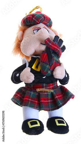 Soft Scottish Highlander Toy Doll in Kilt Isolated on White