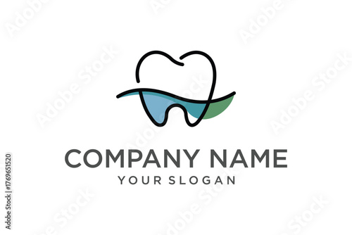 Modern Minimalist Line Art Tooth Logo with Blue Green Accents for Dental Care Branding