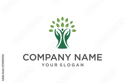 Human Tree Logo Design with Green Leaves and Supporting Hands Symbolizing Health and Nature Care