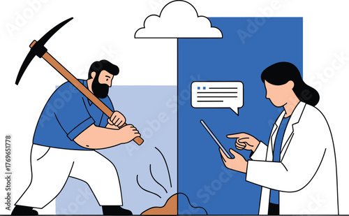 Data Miner Excavating Cloud Computing Insights While Scientist Analyzes Information on Tablet in Modern Environment, Representing Technology Innovation, Business Intelligence, Healthcare, Data Science