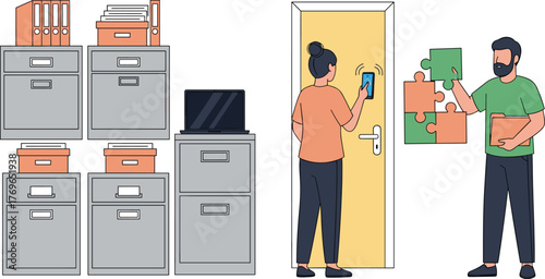 Team Collaborating on Secure Access Solutions for Modern Office, Illustrating Innovation and Problem-Solving, Featuring Woman Using Mobile Access App at Door, and Man Holding Puzzle Pieces and Folder,