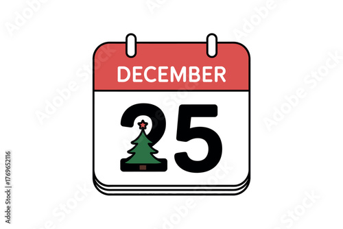 A calendar showing december twenty fifth with a christmas tree icon on it