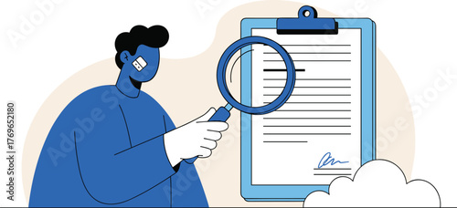 Examining Documents with Scrutiny: A Modern Blue-Themed Illustration of a Person Inspecting a Medical Report, Legal Agreement, or Business Contract with a Magnifying Glass, Emphasizing Due Diligence a