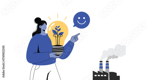 Envisioning Sustainable Solutions: Woman Holding a Plant-Filled Lightbulb, Pointing to Factory Emitting Smoke, Representing Eco-Innovation and Positive Change for Corporate Responsibility (Modern Illu