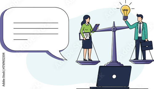 Business Professionals Balancing Ideas and Analysis on Scales Connected to a Laptop, Achieving Equilibrium in Modern Work with Conceptual Business Strategy and Data-Driven Insights for Presentation, M