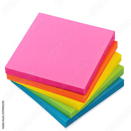Glowing Stack of Multi-Colored Square Sticky Notes: Neon Pink, Orange, Yellow, Green, Blue Radiating on Dark Background for Creative Design & Office Decor. Luminous Stationery Hues & Striking Visual C