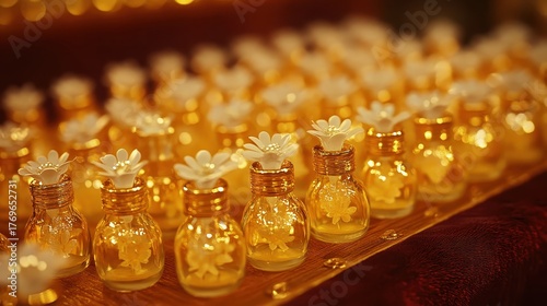 Golden perfume bottles on display with floral stopper details