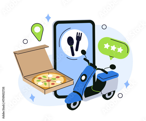 Smartphone app with delivery bike and pizza order. Online restaurant service, food ordering. Vector illustration.  
