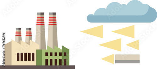 Industrial Factory Emitting Pollution into Environment with Cloud and Toxic Air, Minimalist Style Illustration for Corporate Social Responsibility Presentation, Environment and Climate Change Campaign