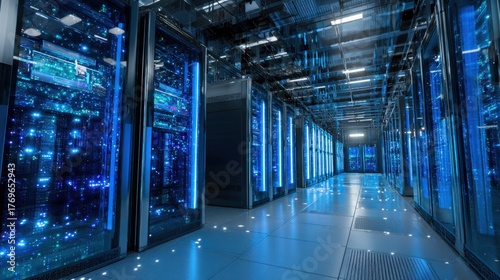 Rows of advanced servers glow with blue lights in a high tech data center corridor creating a futuristic vibe.