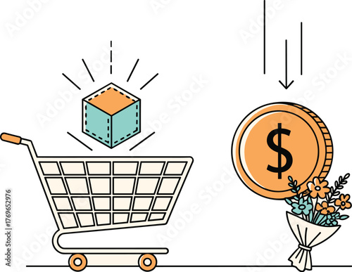 Conceptual Online Shopping Cart with Product and Falling Dollar: E-commerce Transaction Illustration Depicting Purchase, Sale, and Financial Investment in Retail Business,  Modern Style for Marketing