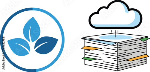 Eco-Friendly Cloud Data Storage and Management Concept Illustrating a Transition to Digitalization and Reduced Paper Waste, Using Sustainable Technology for Business Presentations and Green Solutions,