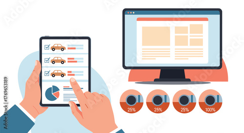 Car Shopping Online with Digital Tablet & Computer Screen Displaying Vehicle Info, Performance Monitoring via Dashboard and Pie Charts, Automotive Industry Application, Mobile Access, Modern Technolog