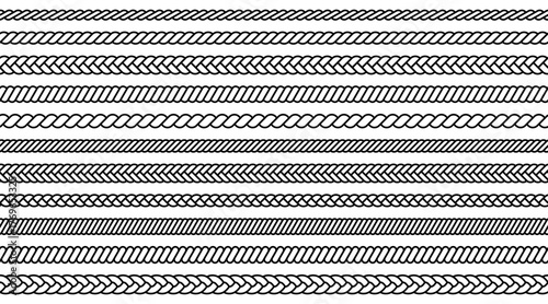 Rope line pattern. Knitted cord from braid. Nautical vintage cable. Stripes with ornaments for decorating designer templates.