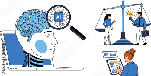 Exploring Artificial Intelligence Ethical Dilemmas in Modern Business: A Team Balances Innovation with Legal Considerations & Data Analysis. Conceptual Tech Illustration for Presentations, Modern Info
