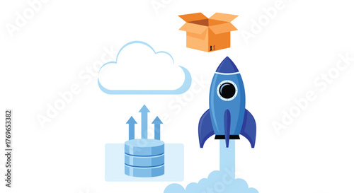 Blue Rocket Launching with Cloud and Database Integration for Software Deployment and Product Delivery in Modern Technology Infrastructure, Illustrating Innovation and Scalability for Business Success