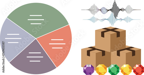 Data-Driven Business Delivery: Modern Diagram with Gems & Stacked Boxes Representing Secure Logistics, Analyzed by Soundwave Spectrum for High-Tech Financial Analysis & Marketing Analytics Presentatio