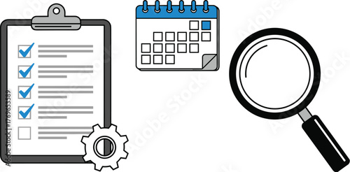 Project Planning Workflow Management Illustration: Optimizing Business Schedules with Calendars, Task Lists, and Quality Assurance Reviews for Professional Productivity and Success, Ideal for Presenta