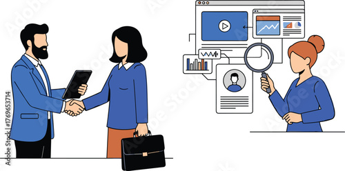 Business Professionals Concluding Partnership with Shake, While Analyst Examines Data Analytics Online for Strategy Planning, Illustrating Modern Teamwork in Corporate Finance and Digital Marketing in