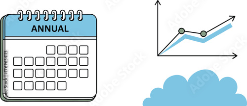 Analyzing Annual Business Performance: Reviewing Company Growth & Financial Reporting with a Calendar Schedule in Modern Graphic Illustration Style for Presentations and Marketing Materials (Corporate