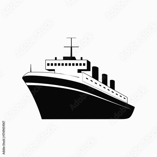 Black and white silhouette of a large passenger ship with four funnels and a white superstructure against a plain white background
