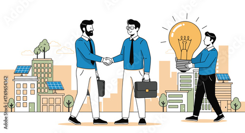 Businessmen Shaking Hands in Eco-Friendly Cityscape, Exchanging Ideas and Closing Deals for Sustainable Energy Solutions, with Innovation and Growth, for Corporate Presentations and Modern Marketing C