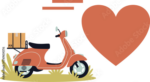 Express Delivery Scooter Delivering Love: Retro Orange Vespa-Style Moped with Box Rushing Across Flat Graphic Landscape with Speed Lines and Heart Symbol, Ideal for Valentine's Day Marketing, E-commer