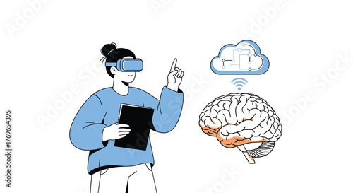 Woman Exploring Virtual Reality with Cloud-Connected Brain Interface in Modern Technology Setting, Visualizing Data and Enhancing Cognitive Abilities for Neuroscience Research and Innovative Healthcar