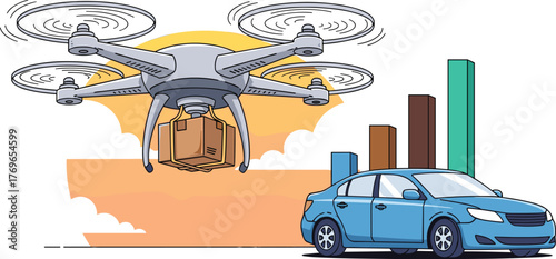 Autonomous Delivery Drone Hovering Over a Modern Car in a City Environment, Delivering Packages for E-commerce and Logistics. Illustration of Innovative Technology for Business Growth, Suitable for Ma