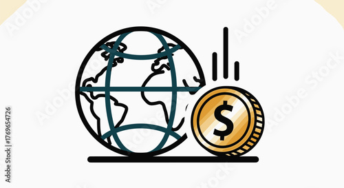 Global Finance and Investment Growth Concept: A Gold Dollar Coin Next to a World Globe Symbolizing International Business, Economic Prosperity, and Financial Markets in a Modern, Professional Style (P