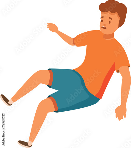 Scared young man slipping, losing balance and falling down on floor, accident and injury concept