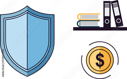 Financial Security and Knowledge Illustration: Shield, Books, and Coin Depicting Investment Protection and Wisdom for Business Success in a Modern, Professional Setting; Ideal for Educational Resource