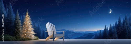 Serene Winter Night, Adirondack Chair, Glowing Christmas Tree, Starry Sky, and Mountains