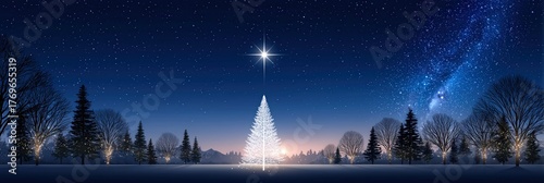 Winter Night Sky with Bright Star, Glowing Christmas Tree, and Snowy Forest Landscape