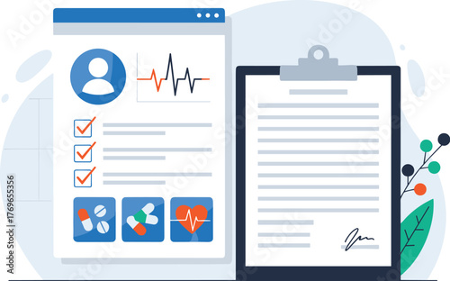 Medical Record Review with Digital Patient Information and Consultation Clipboard, Demonstrating Healthcare Compliance and Data Management in a Clinical Environment, Modern Illustration for Presentati