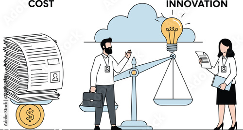 Balancing Business Costs and Innovation for Future Growth: Professionals Weighing Financial Expenses Against Creative Ideas in Modern Office Setting for Strategic Decision-Making, Presentations, Web,